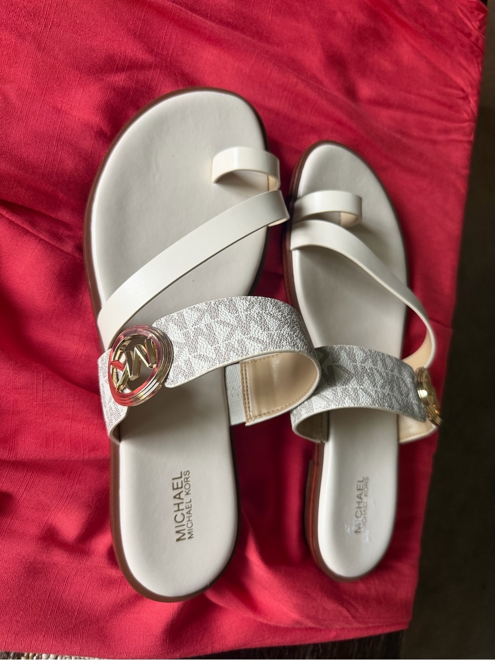Michael Kors Cream and Gold Logo Strap Slide Sandals